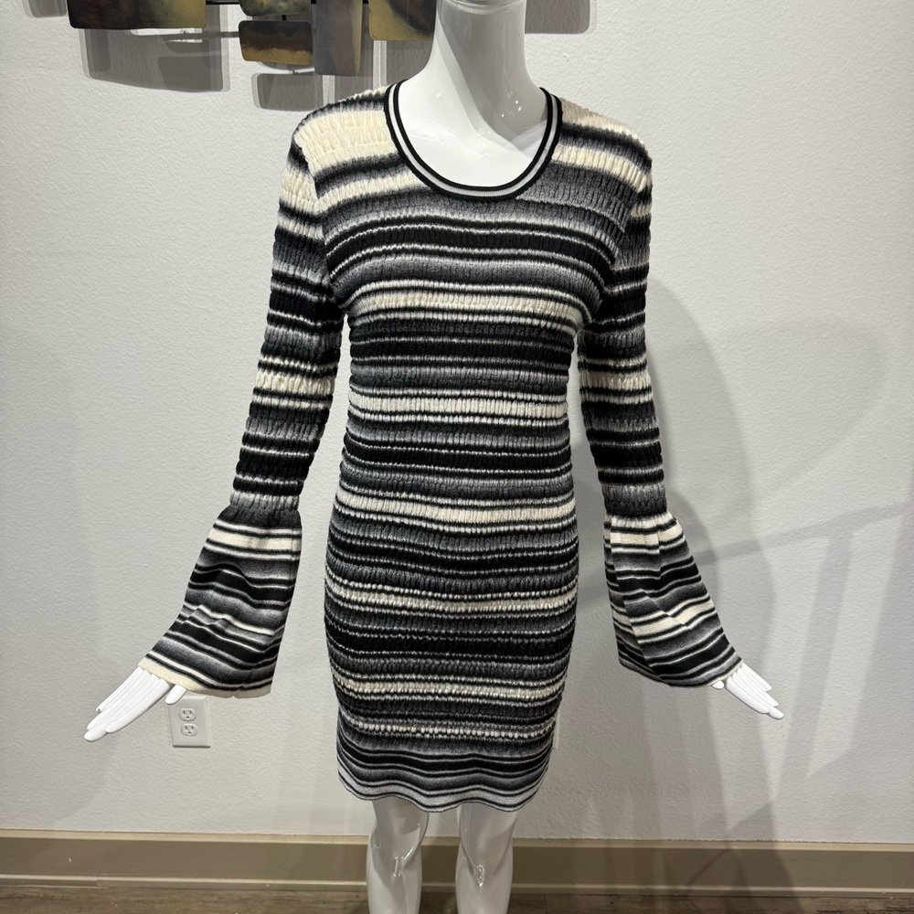Opening Ceremony Sweater Dress Black Cream Stripe Bell Sleeve Wool Blend Size M